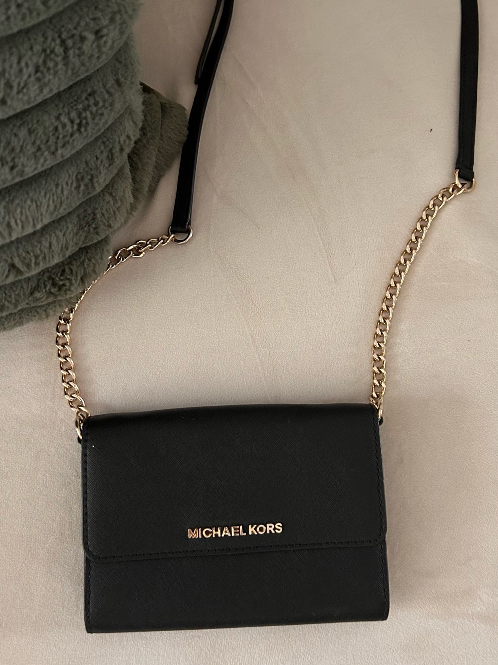 Michael Kors Black Leather Crossbody with Gold Chain